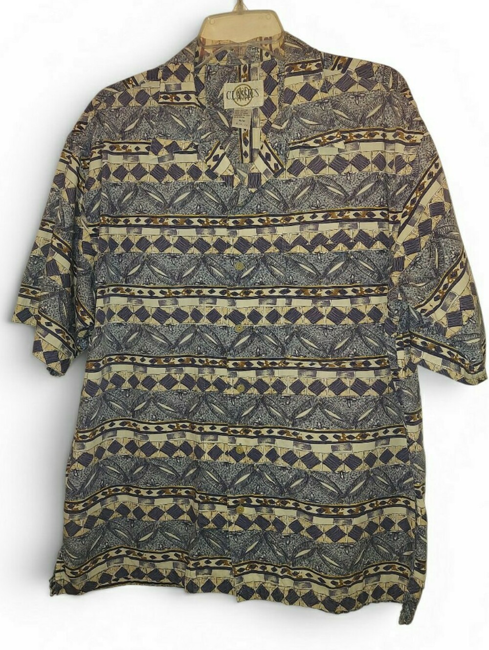 Printed Short Sleeve Button Shirt in Blue and Neutral Tones, Size Medium, GUC